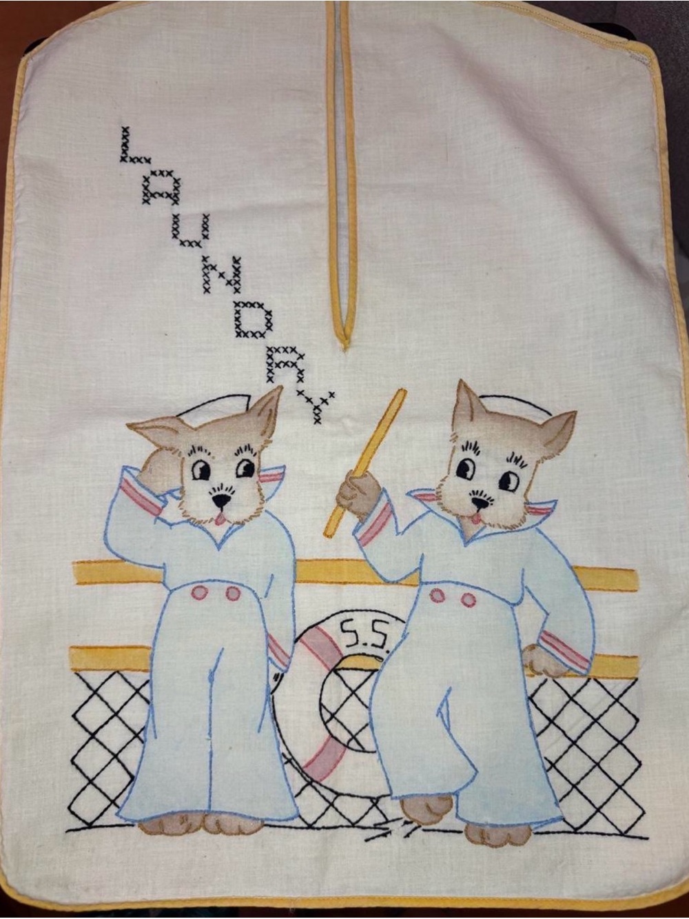Vintage Mid-Century Hand Embroidered Sailor Dogs Hanging Laundry Bag